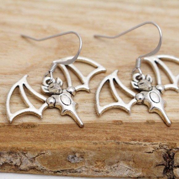 Large Silver Bat Charm Earrings - Picture 2 of 6